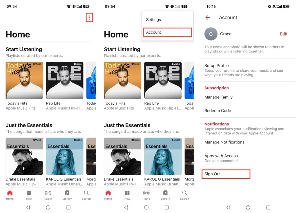 Sign out of Apple Music Android