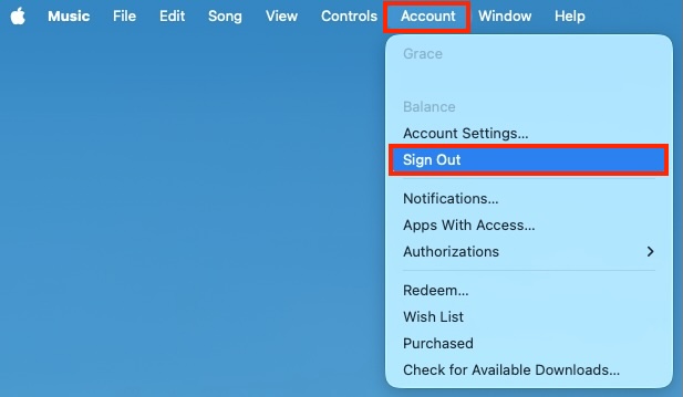 Log out of Apple Music on Mac