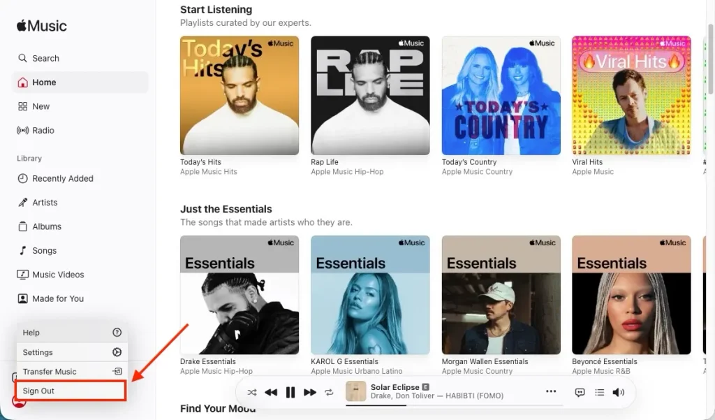 log out of Apple Music web player