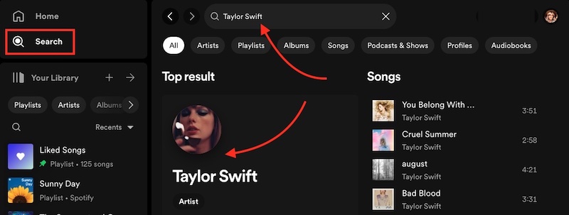 Search for Taylor Swift Spotify