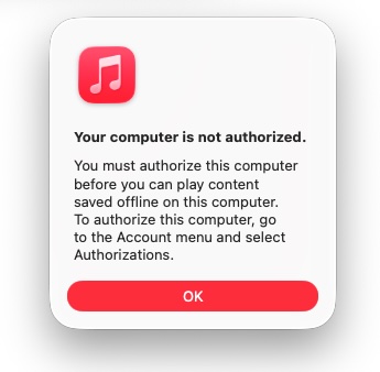 computer not authorized Apple Music