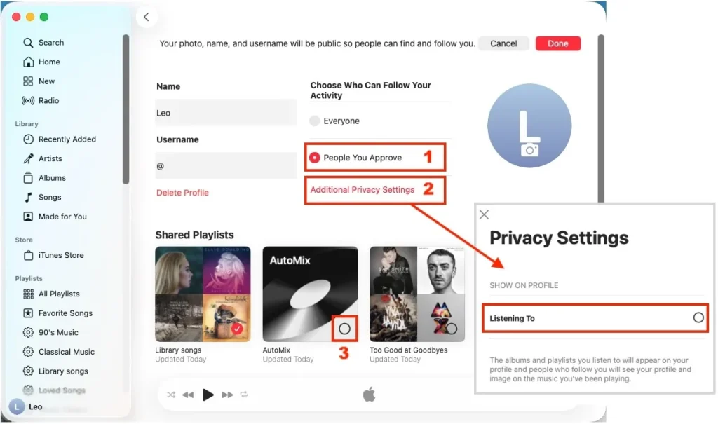 Apple Music profile private settings