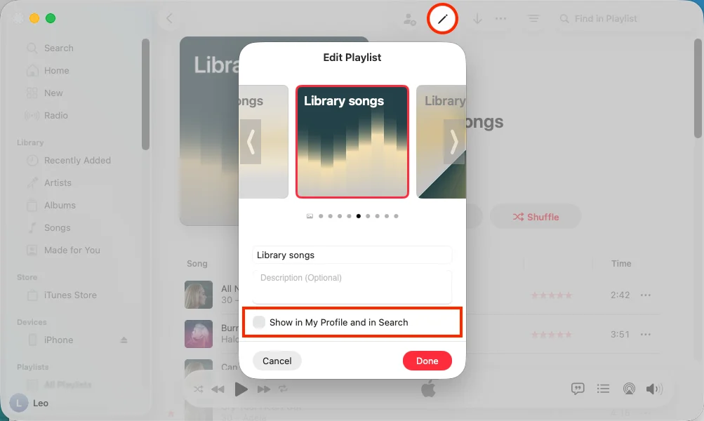 Uncheck show on Apple Music profile