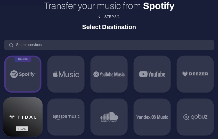 Choose Tidal as destination