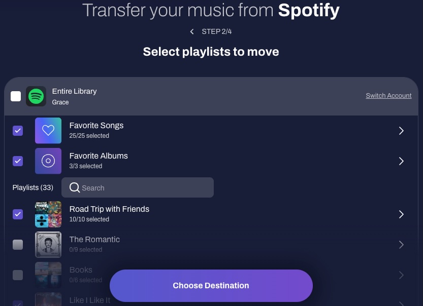 Select Spotify playlists to transfer