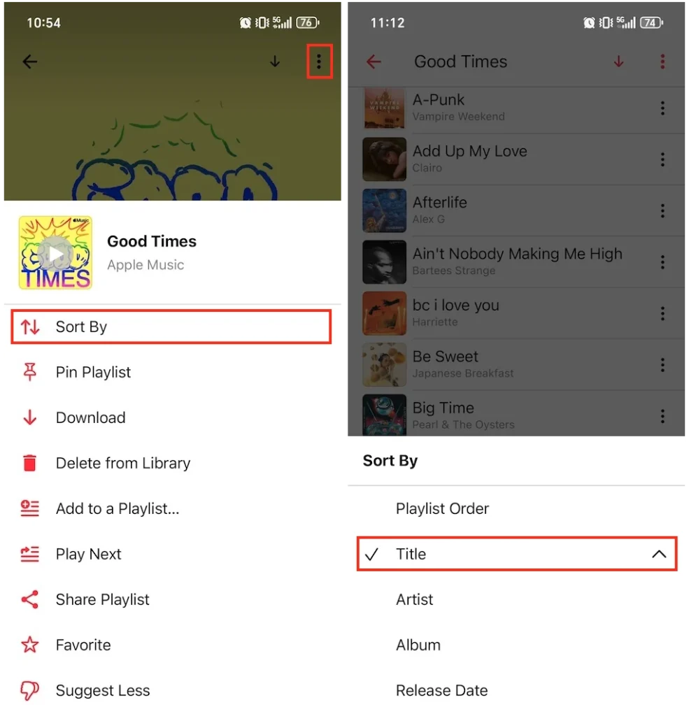 Sort Apple Music playlist on Android