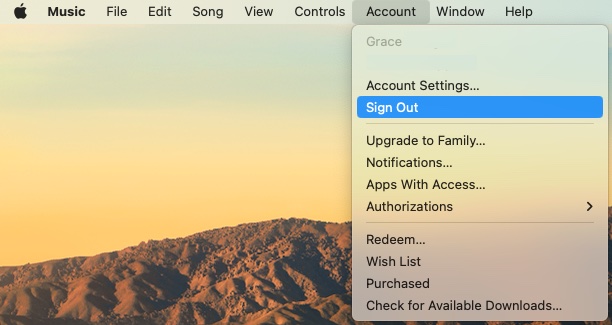 This image has an empty alt attribute; its file name is sign-out-apple-music-mac.jpg