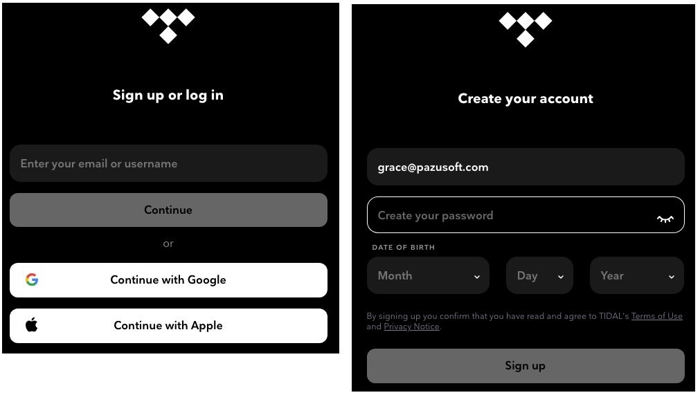 Sign up for free Tidal account