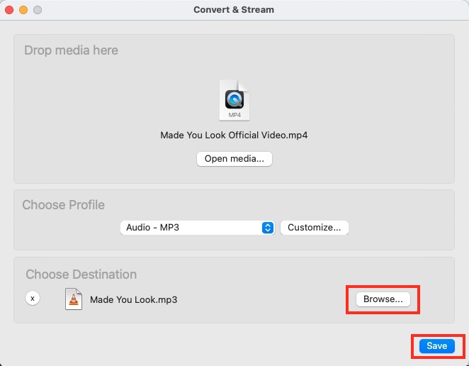 choose destination and save
