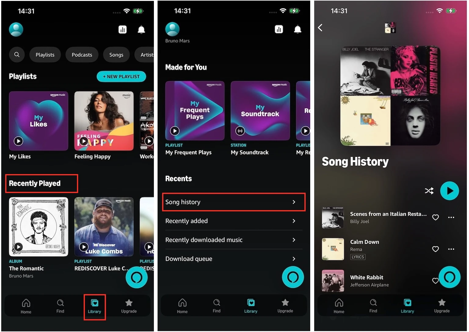 Amazon Music history on mobile device