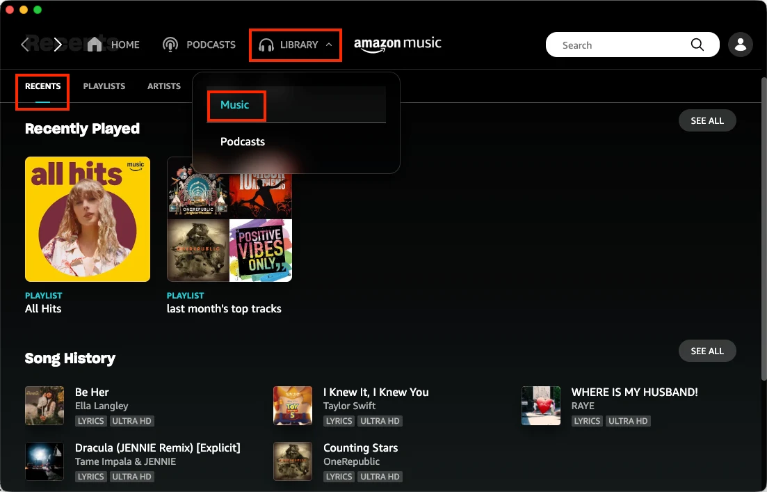 Find Amazon Music history on desktop app