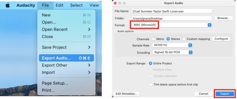 export as wav