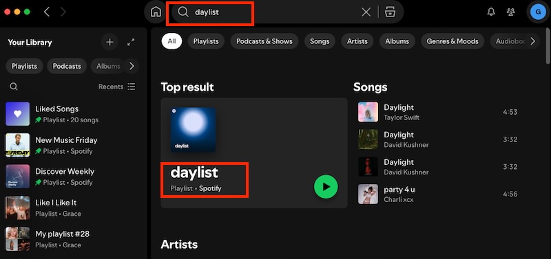 search for spotify daylist