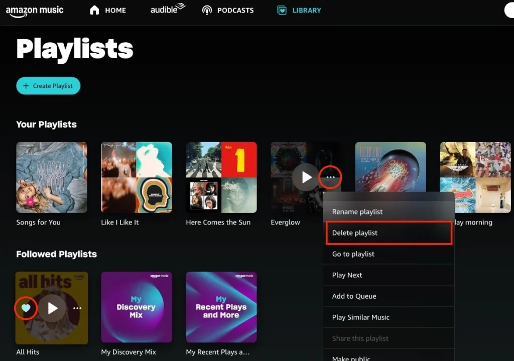 Delete playlists on Amazon Music web player