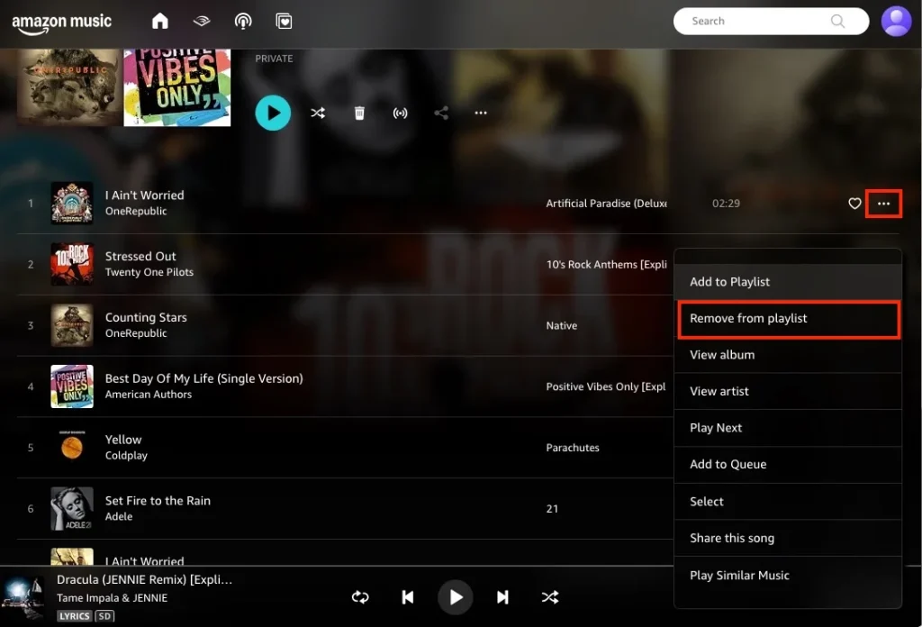 Remove a song from Amazon Music playlist