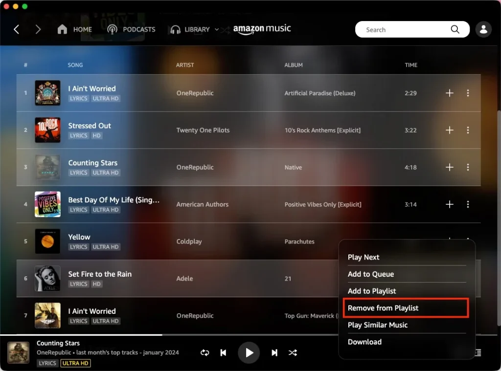 Remove multiple songs from Amazon Music playlist