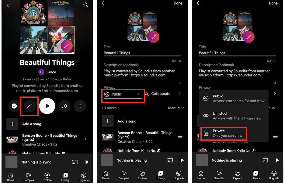 make a public playlist private mobile