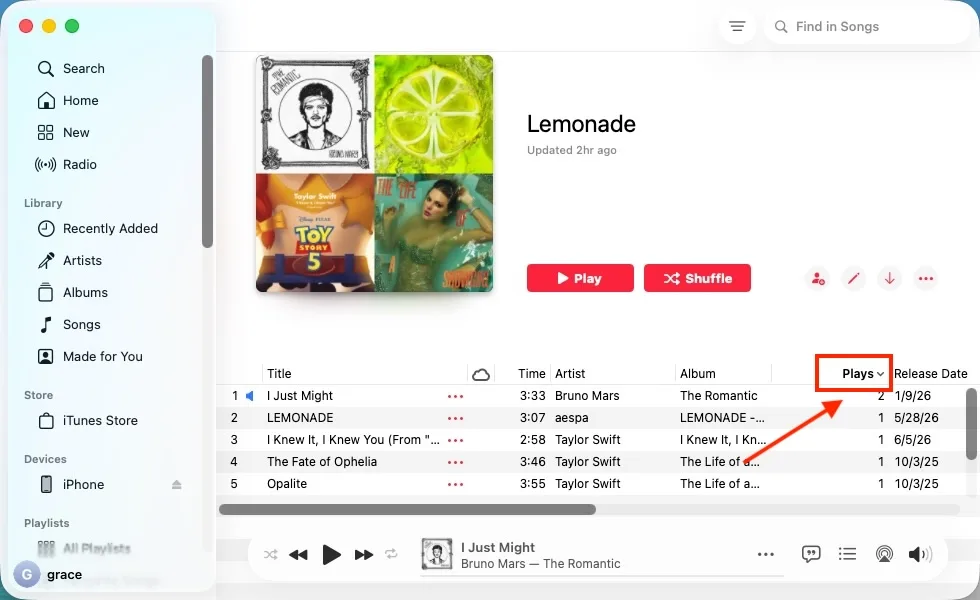 Apple Music play counts in a playlist