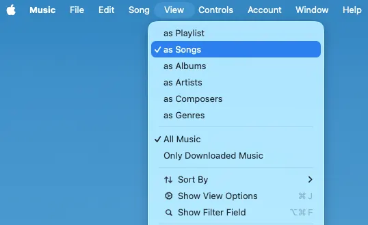 Apple Music playlists view as songs