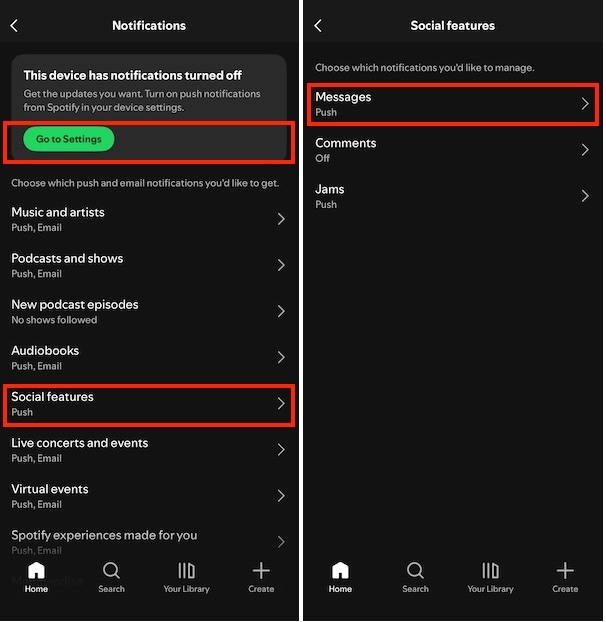 Spotify messages notifications