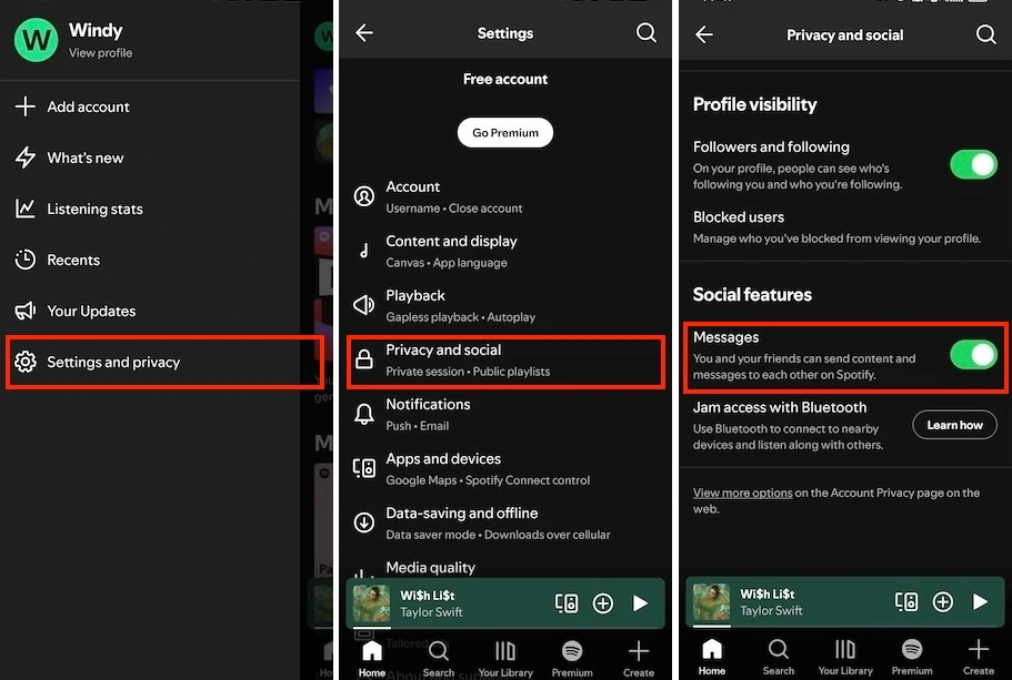 enable messages spotify