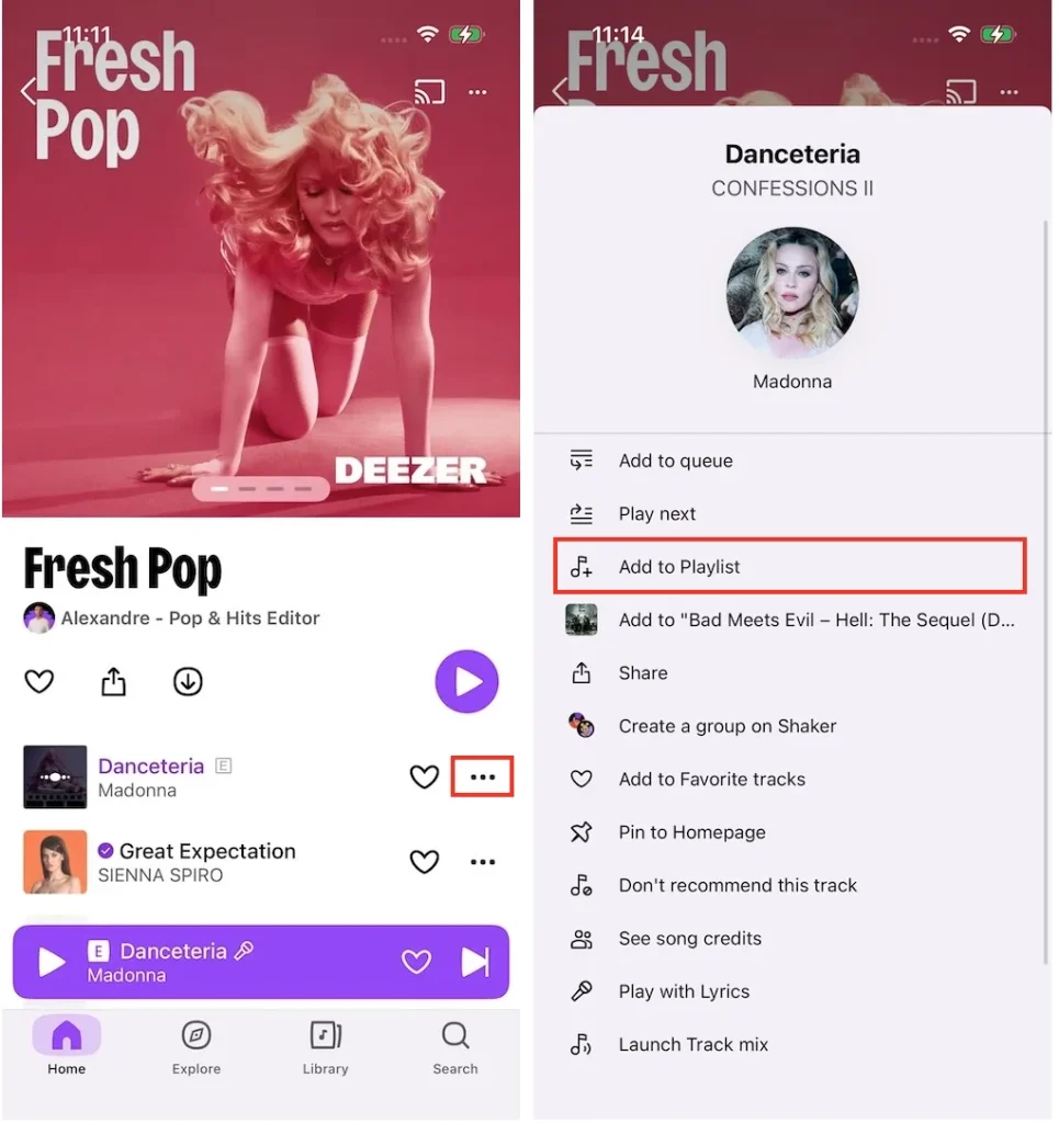Add a song to playlist on Deezer