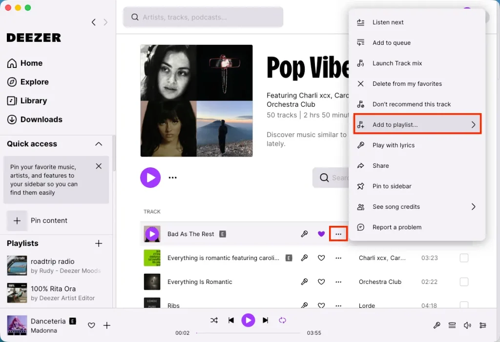 add a song to playlist Deezer desktop